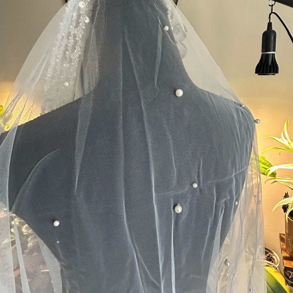 Elegant White Beaded Fingertip Bridal Veil - Picture 5 of 9